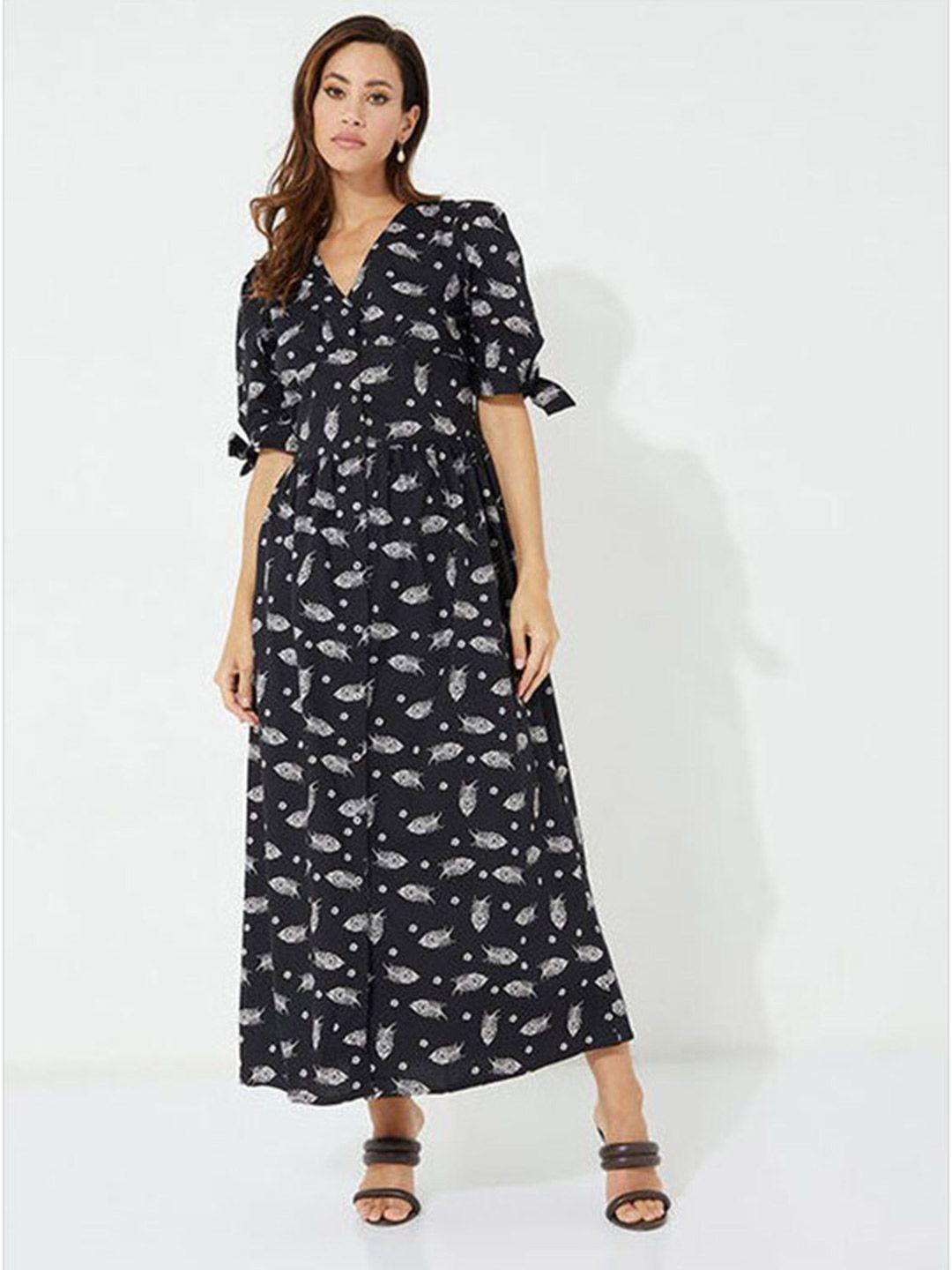 aila conversational printed puffed sleeves fit & flare maxi dress