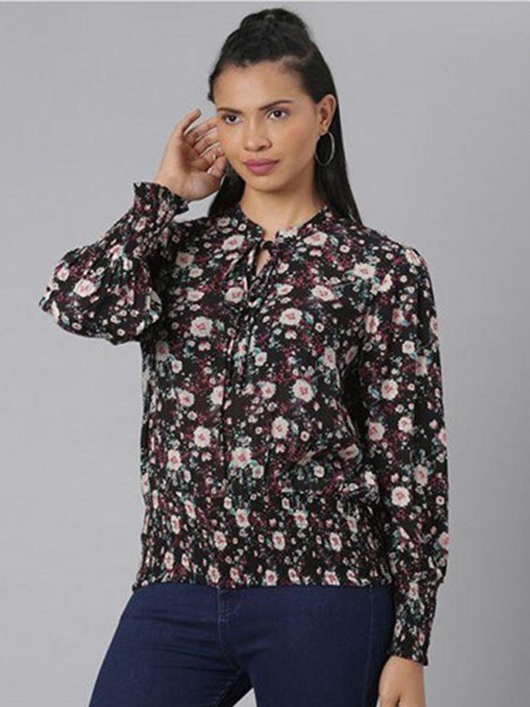 aila floral print tie-up neck cuffed sleeves cotton shirt style