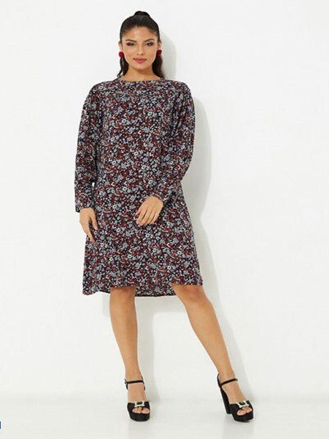 aila floral printed boat neck puff sleeves cotton a-line dress