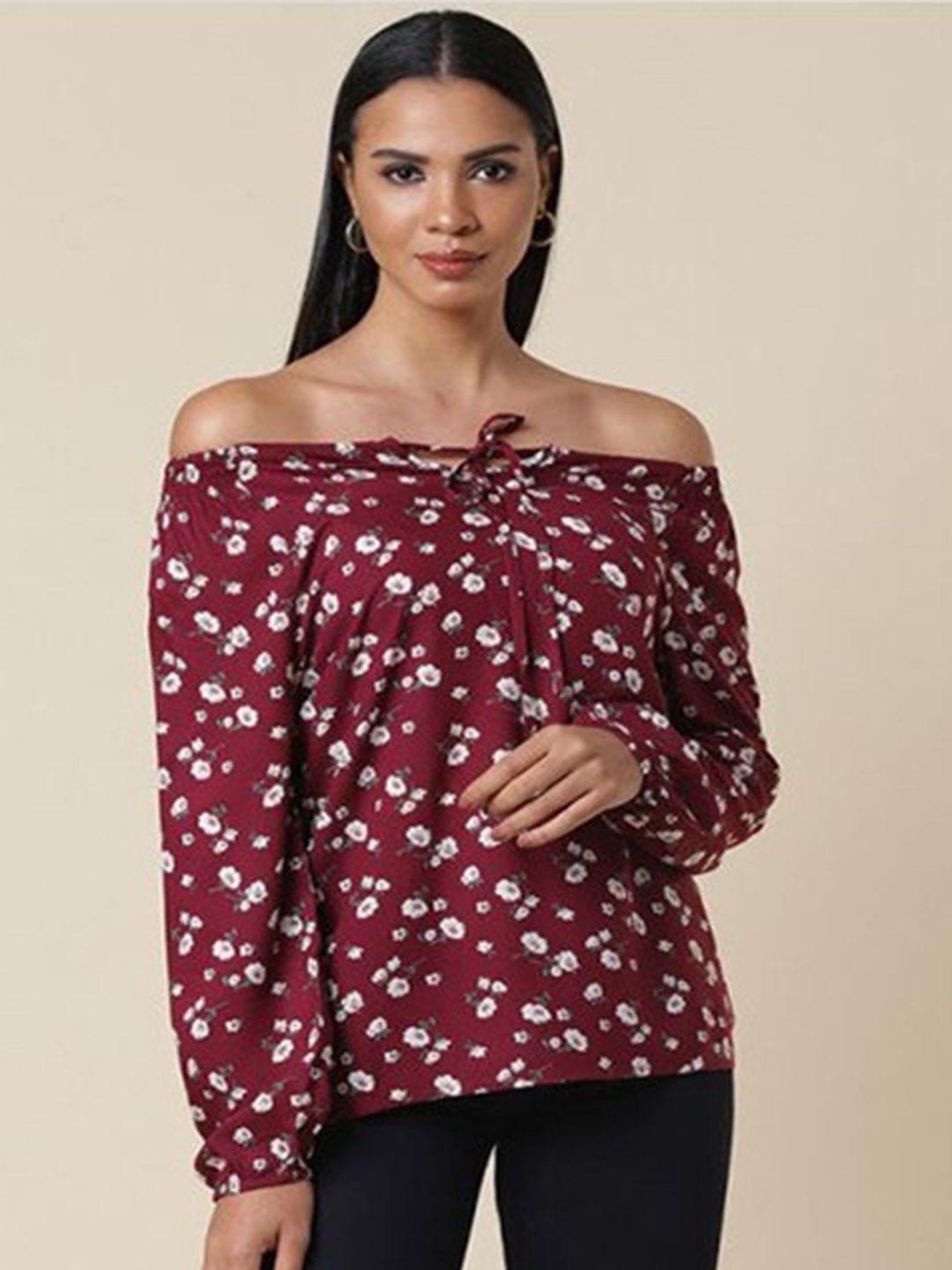 aila floral printed off-shoulder bardot cotton top