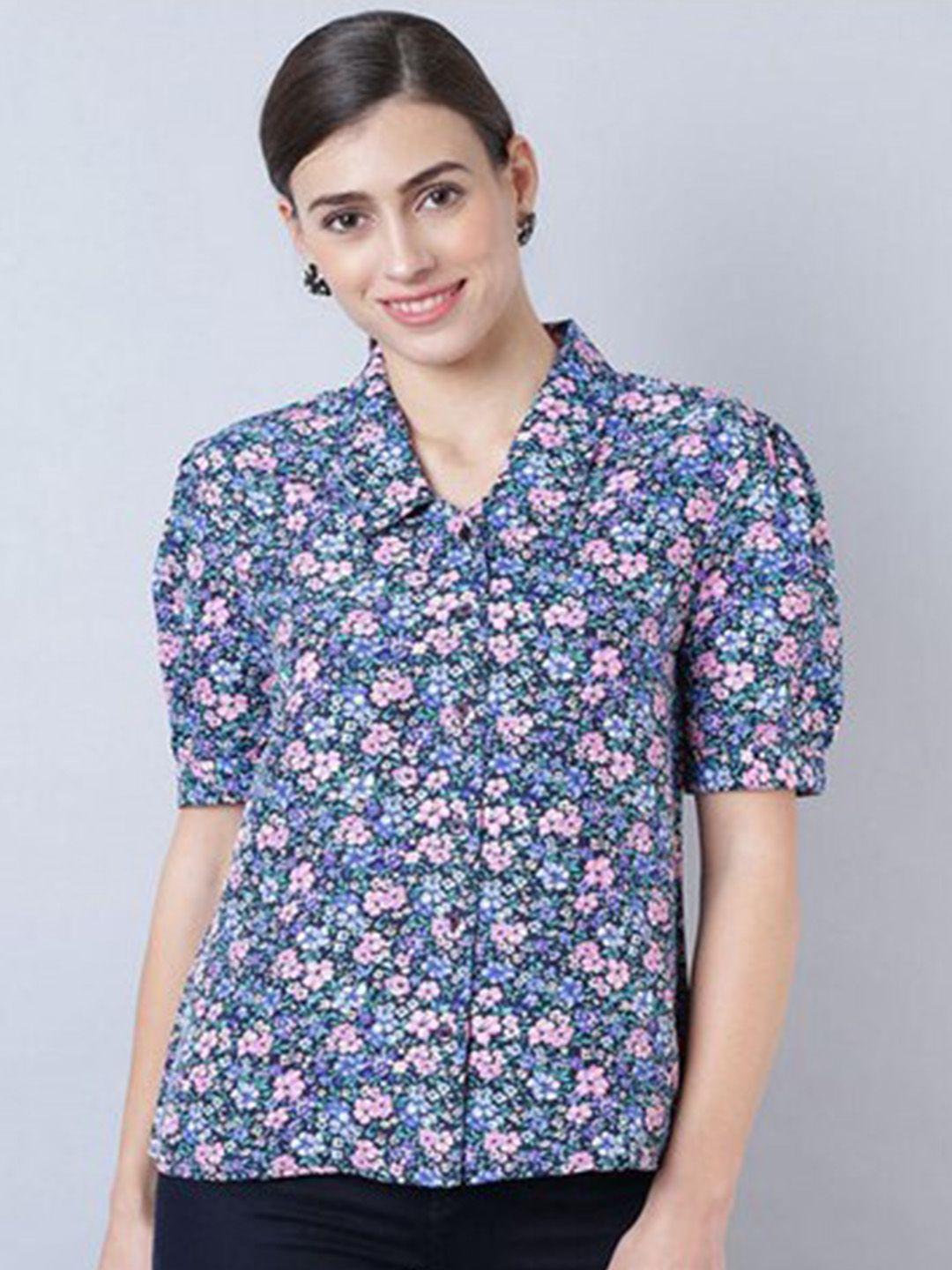 aila floral printed shirt collar puff sleeves shirt style top