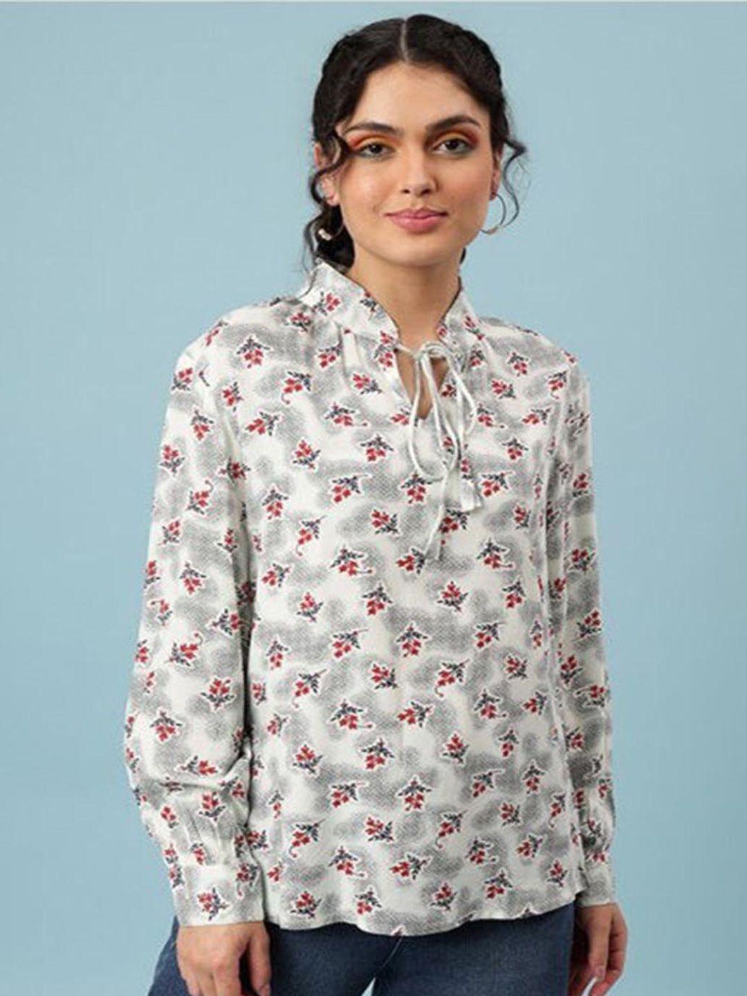 aila floral printed tie-up neck cuffed sleeves cotton shirt style top