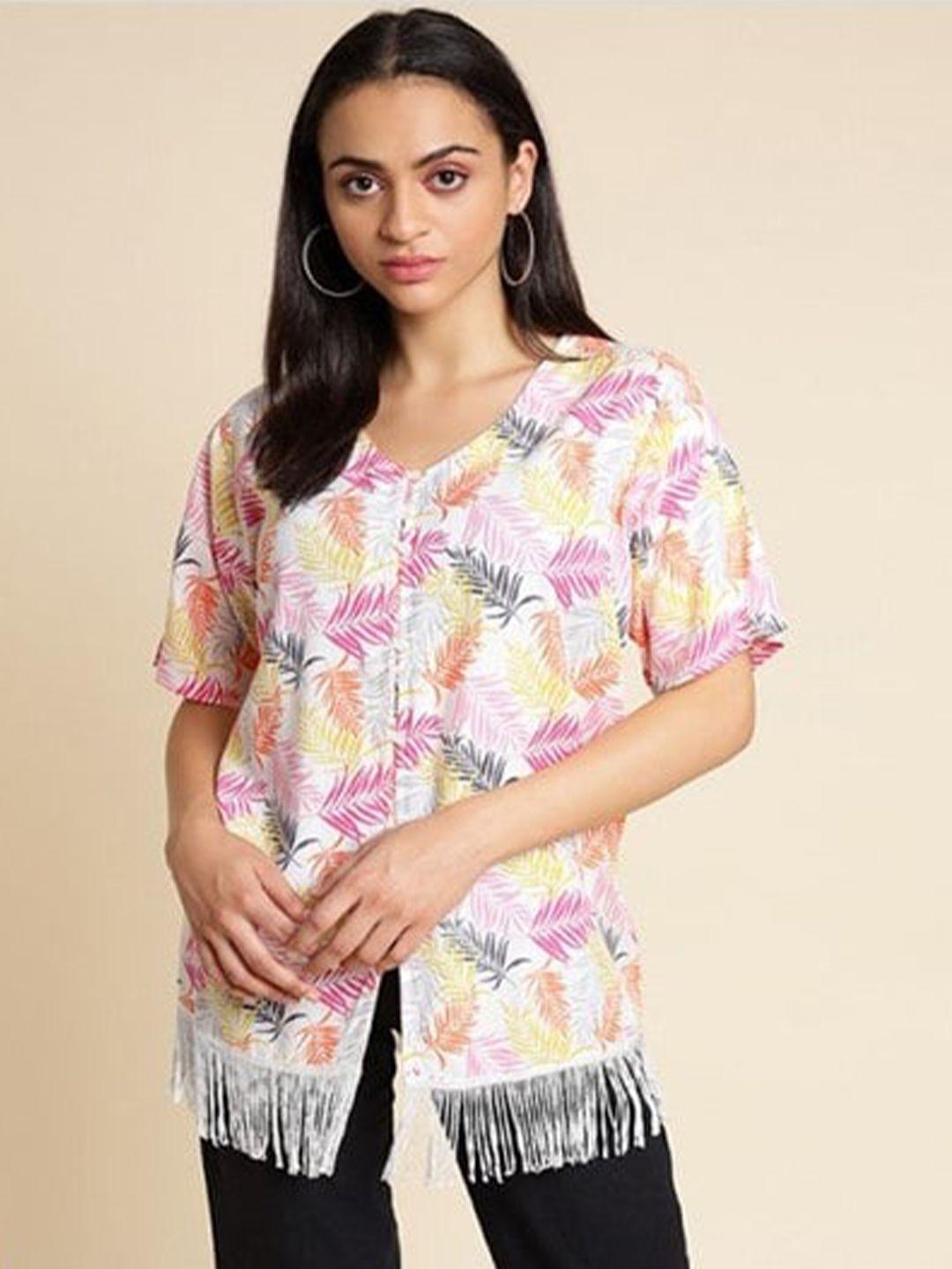aila floral printed v-neck fringed detail cotton shirt style top