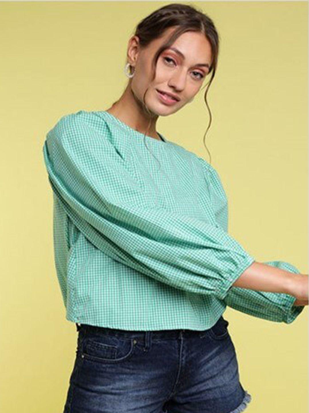 aila micro checked round neck puff sleeves cotton crop top