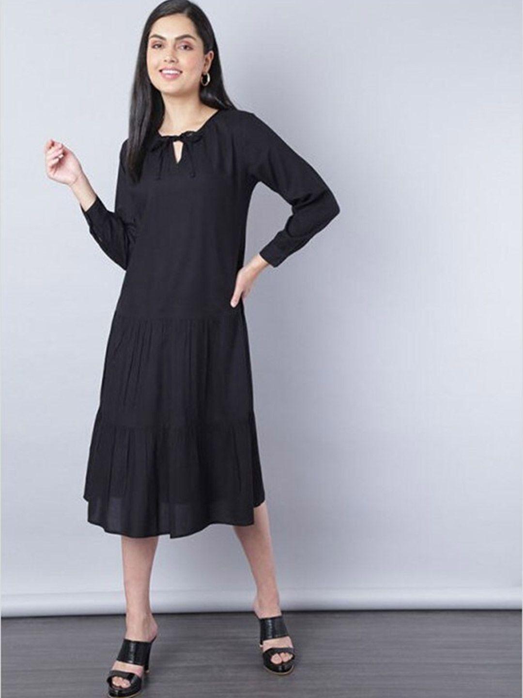 aila tie-up neck cuffed sleeves a-line midi dress