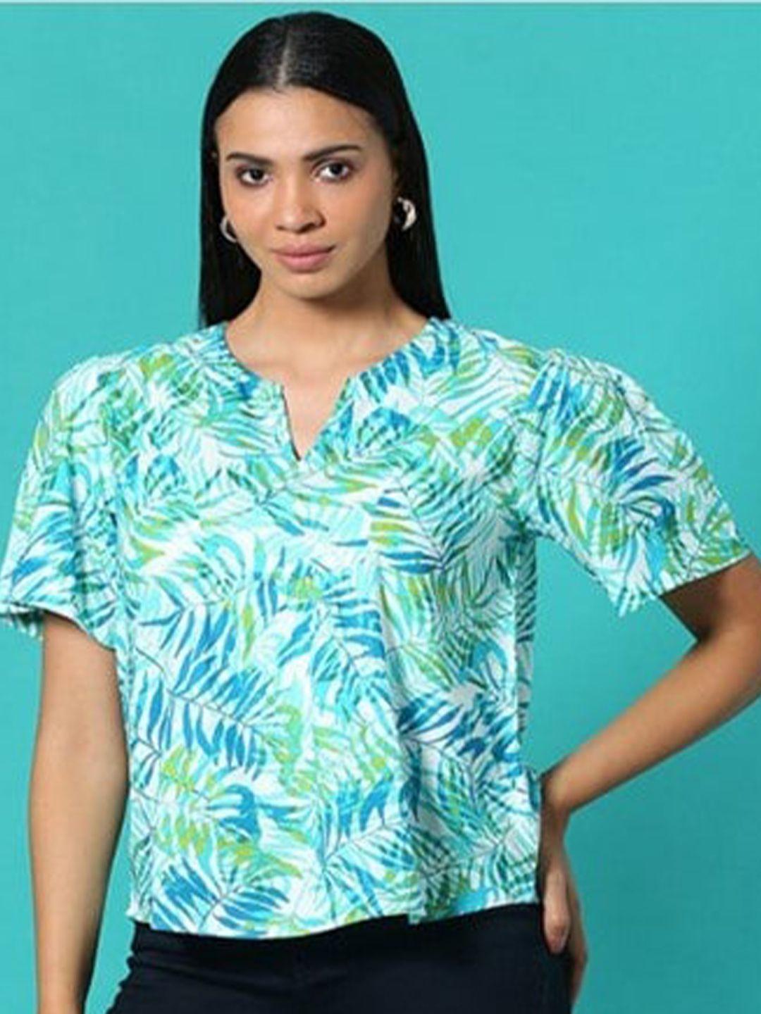 aila tropical printed round notched neck cotton top