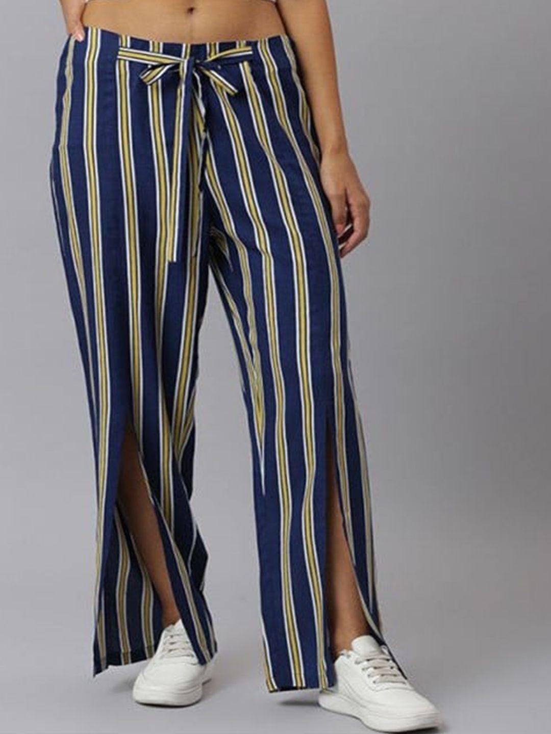 aila women front slit striped bootcut trousers