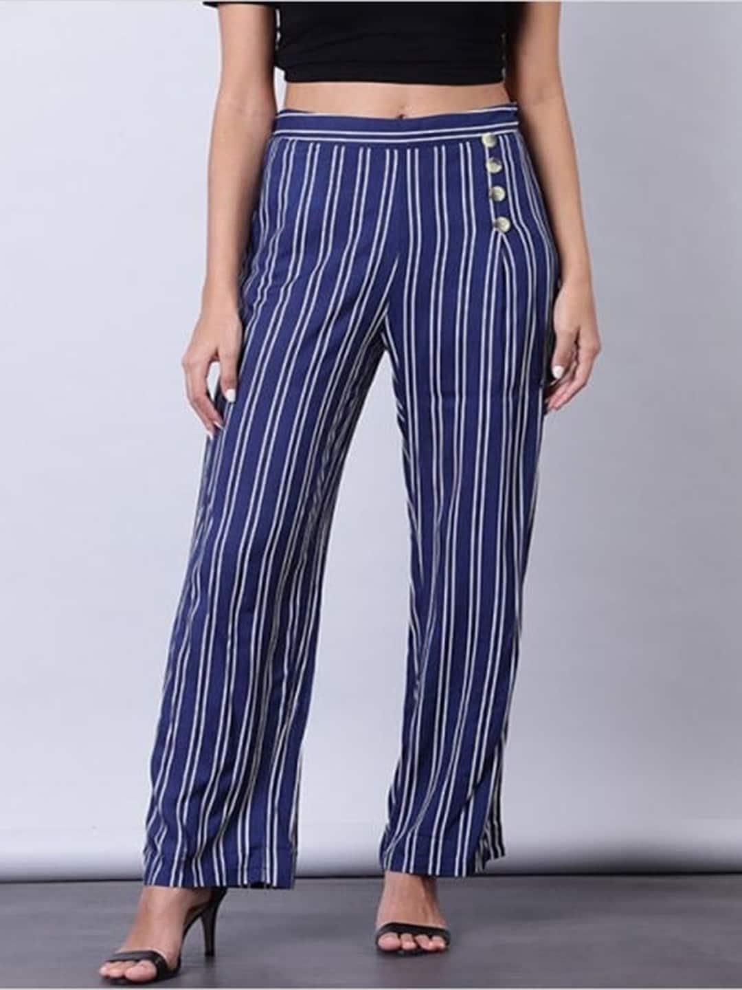 aila women striped straight fit pleated trousers