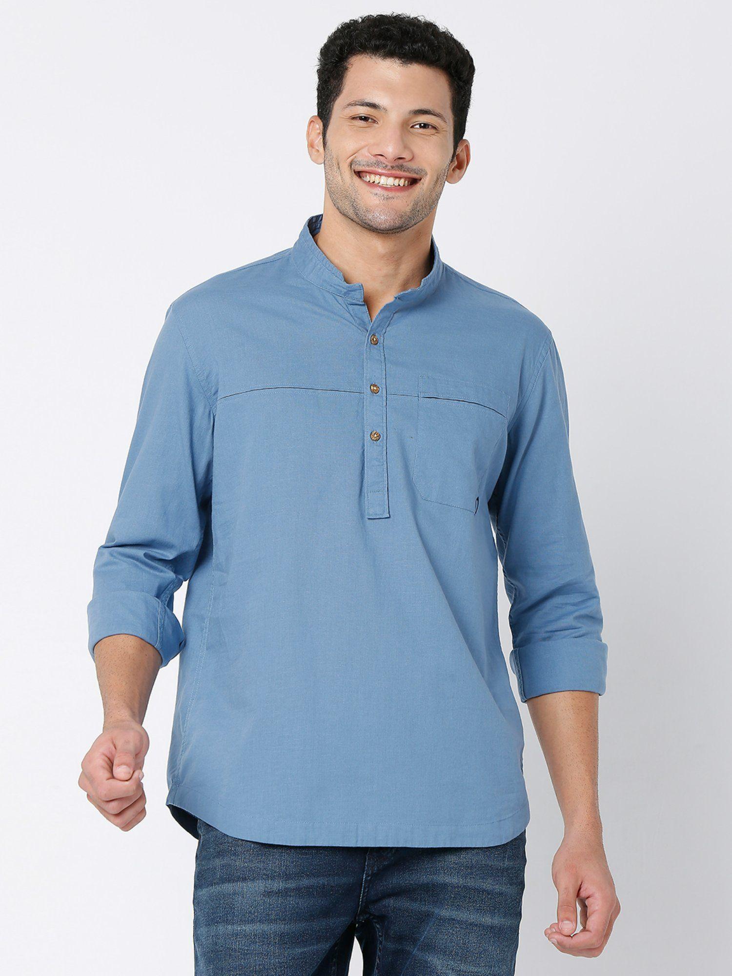 air blue cotton linen full sleeve plain kurta for men