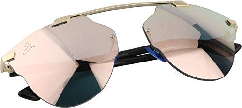 aislin® mirrored rim-less round/clubmaster unisex sunglasses - (pink mirror lens | gold-black frame | large size)