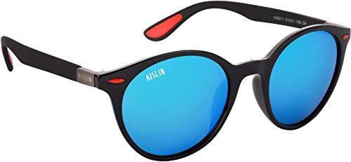 aislin® mirrored unisex round/oval sunglasses - (mirror sky blue lens | black-gun frame | medium size | as9011)