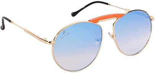 aislin® mirrored unisex round sunglasses - (mirror firozi lens | gold-orange frame | medium size | as6297)