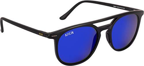 aislin® mirrored unisex wayfarer/round sunglasses - (mirror blue-purple lens | matte black frame | medium size | as9017)