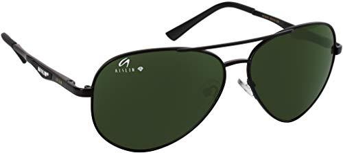 aislin® toughened glass aviator/wrap-around sunglasses for men - (dark green g-15 lens | black frame | medium size | rb3510)