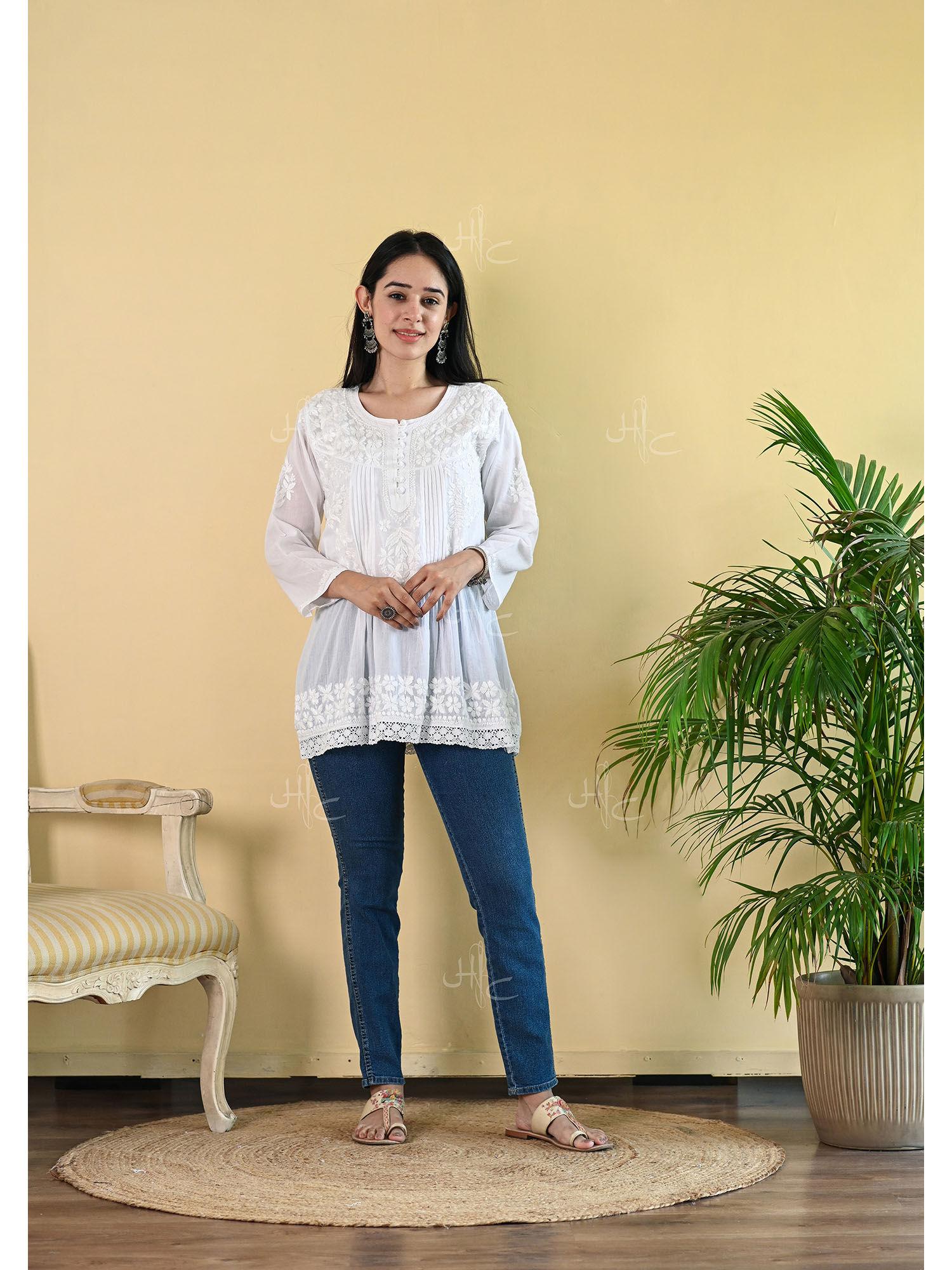 aizaz chikankari cotton straight short white kurti