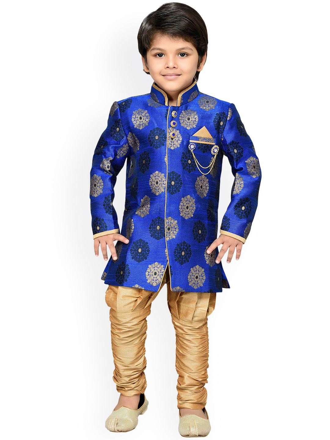 aj dezines boys blue & brown woven-design sherwani set