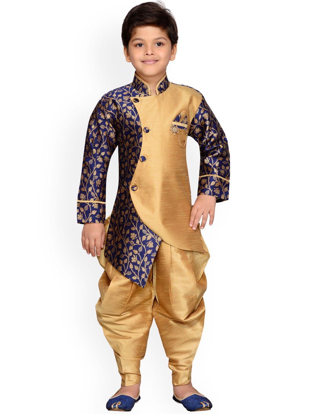 aj dezines boys blue & gold-toned woven design sherwani set