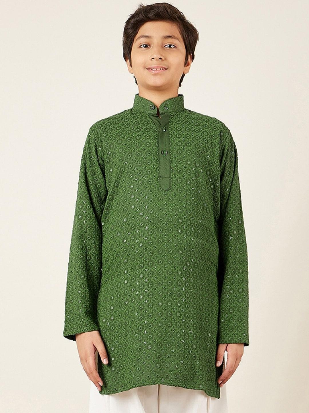 aj dezines boys embellished band collar long sleeves sequinned pure cotton kurta