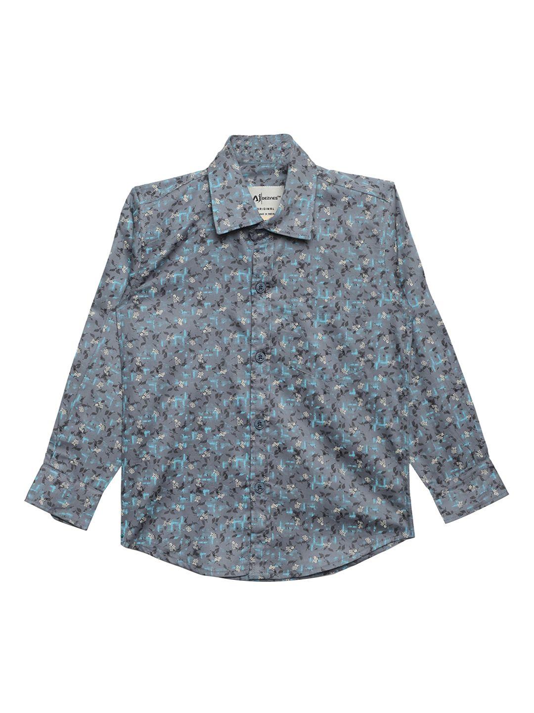 aj dezines boys grey & blue regular fit floral printed casual shirt