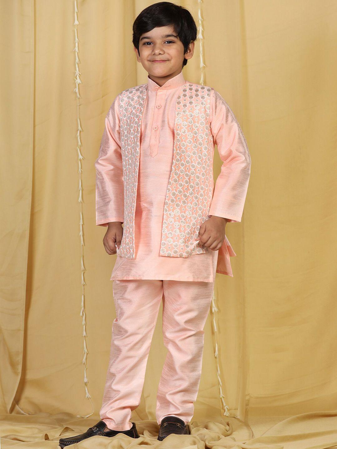 aj dezines boys peach embroidered sherwani with trouser & with jacket