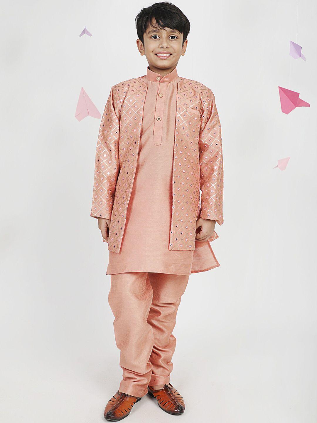 aj dezines boys peach-coloured  woven-design sherwani set