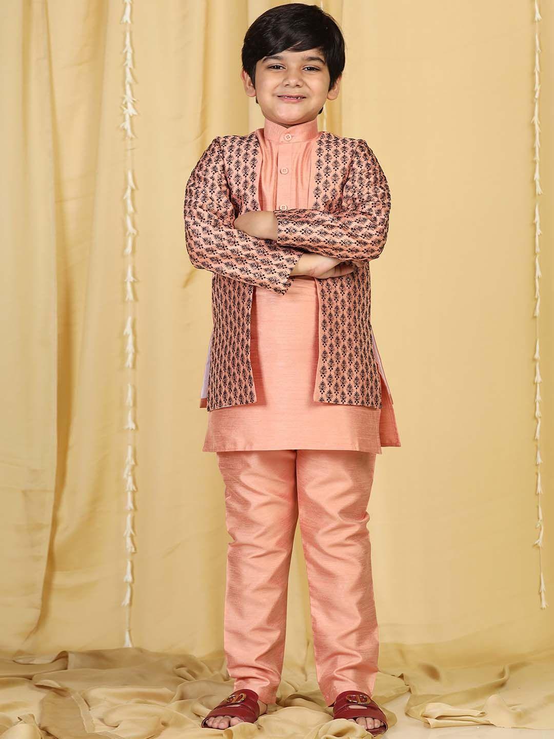 aj dezines boys peach-coloured embroidered sherwani with trouser & with jacket