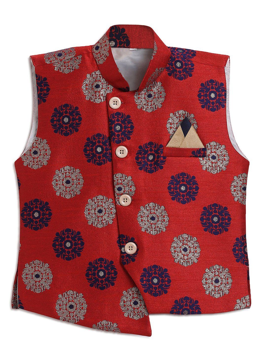 aj dezines boys red & navy blue floral printed nehru jacket