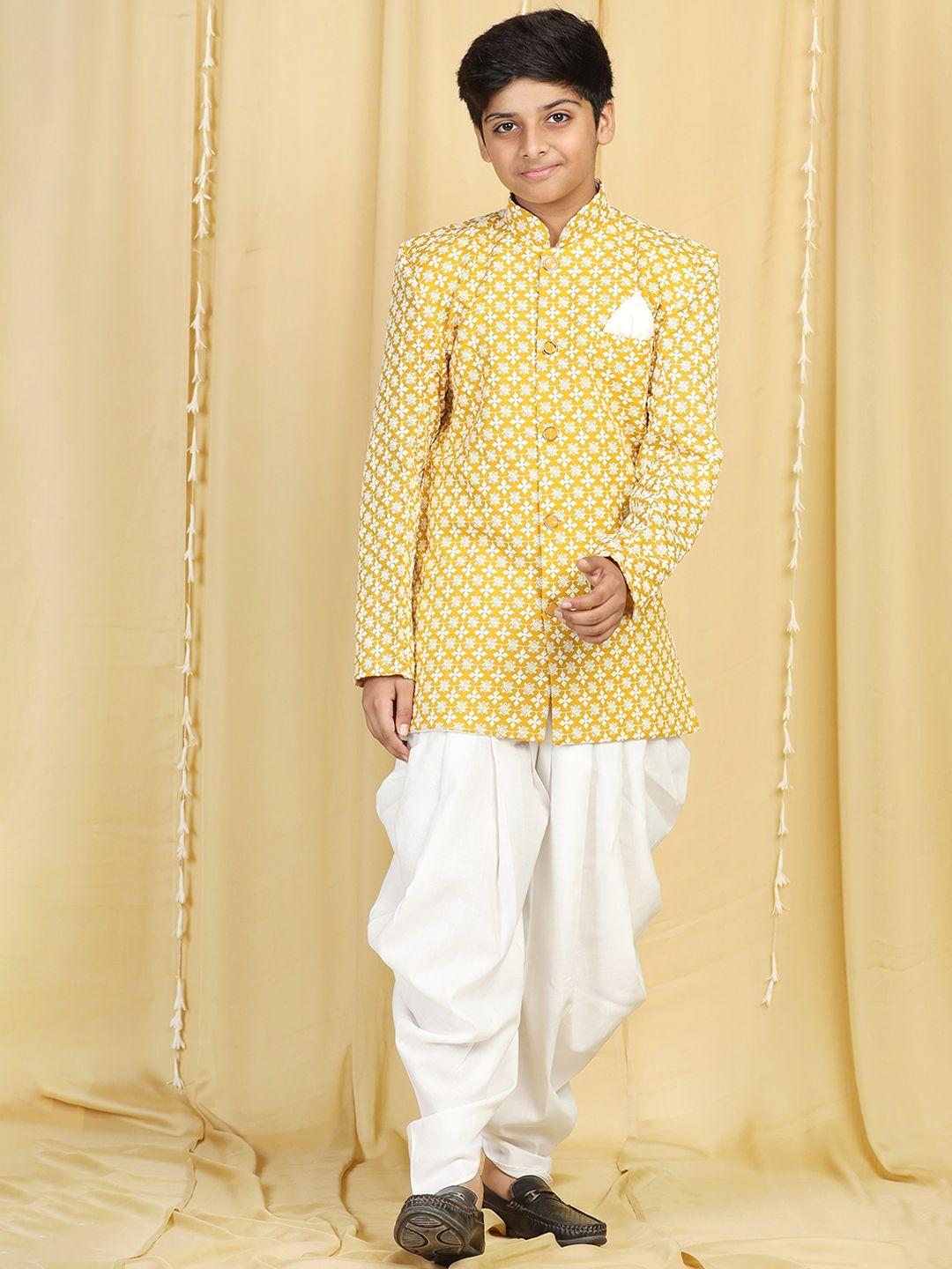 aj dezines boys yellow embroidered cotton sherwani with dothi pants
