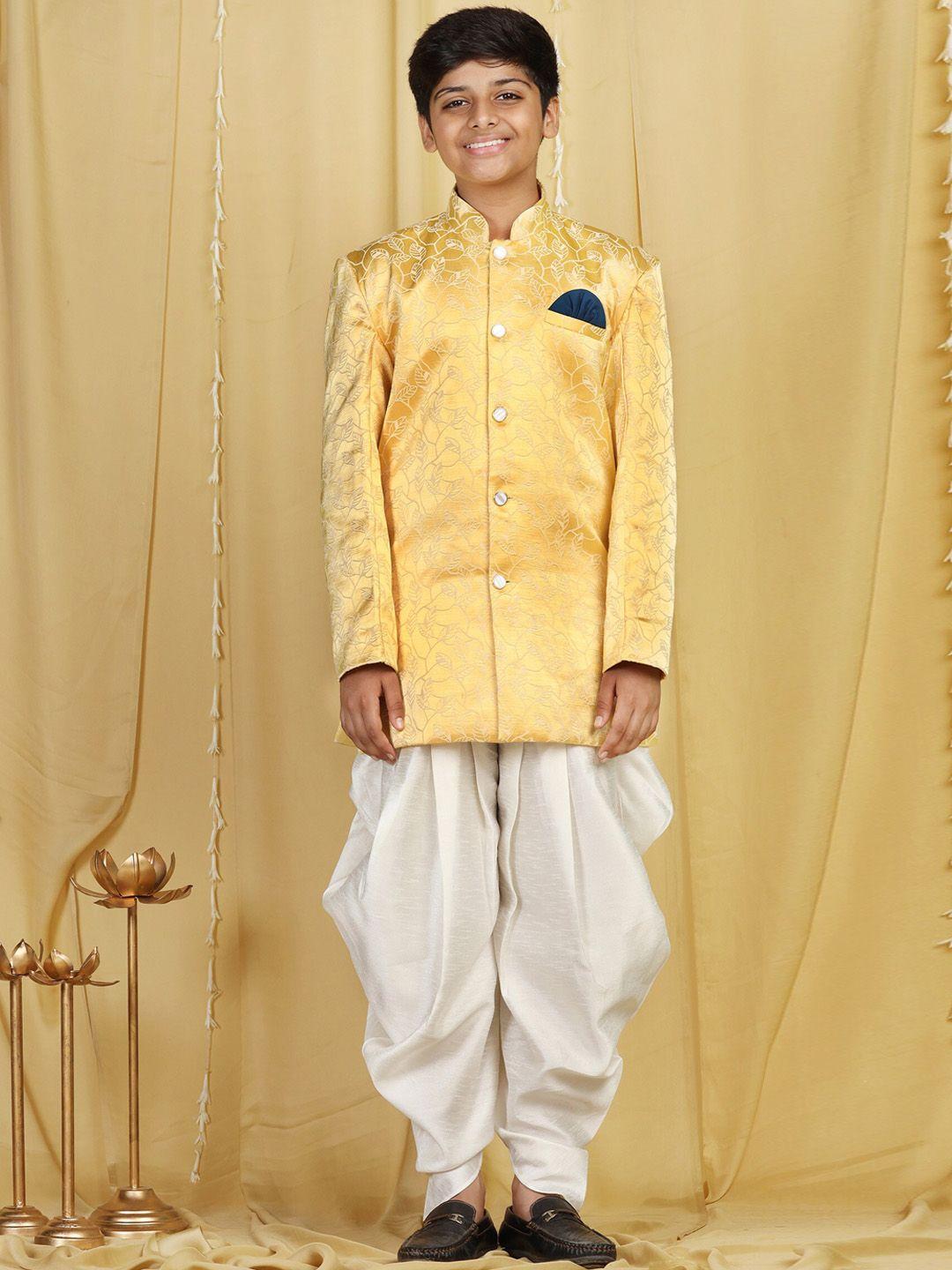 aj dezines boys yellow woven-design sherwani set