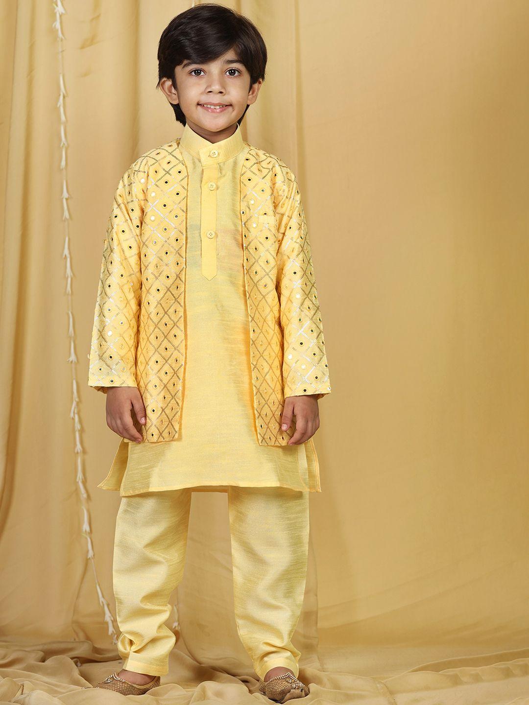 aj dezines infant boys yellow embroidered sherwani with trouser & with jacket