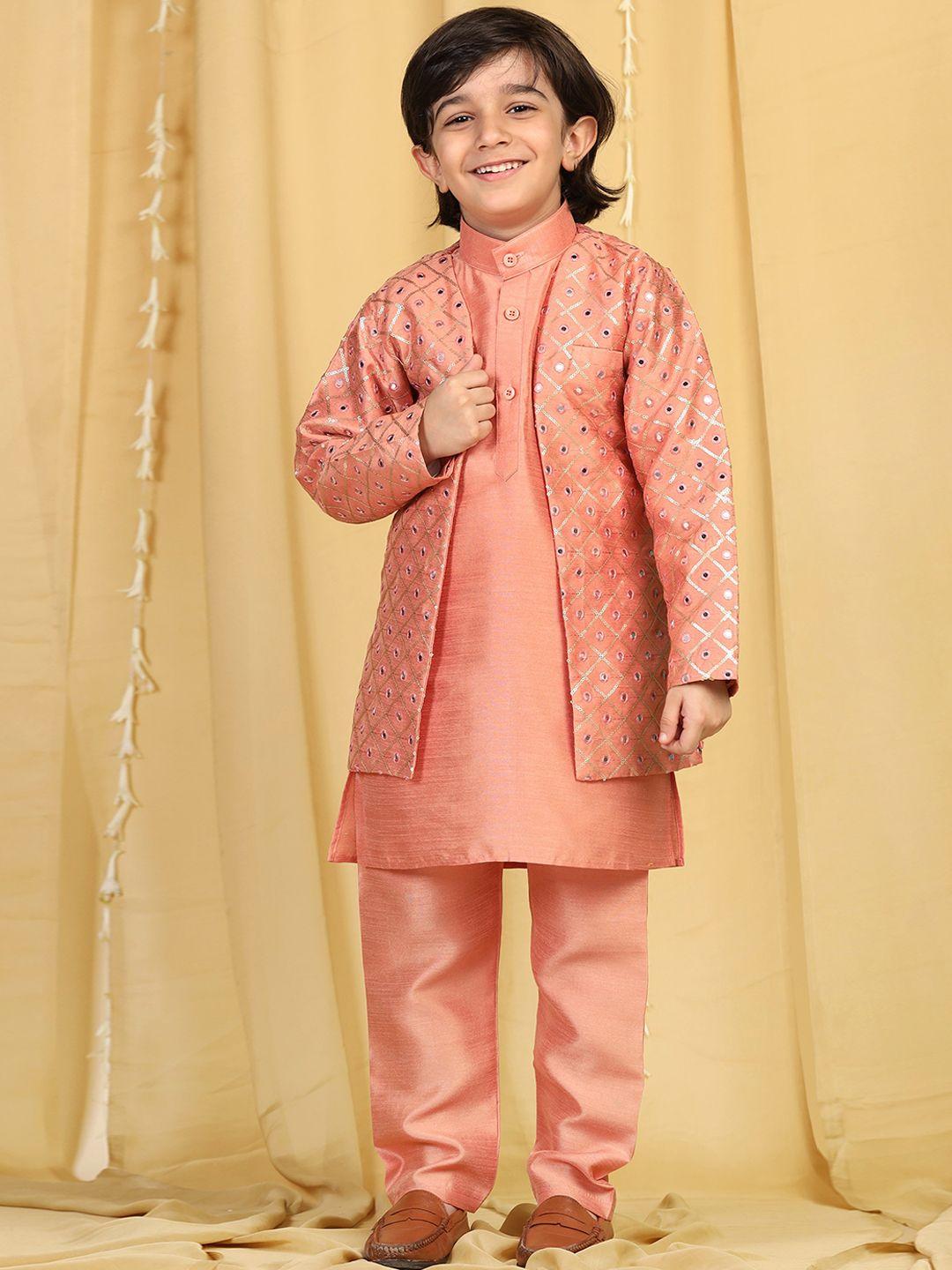 aj dezines infants boys peach-coloured embroidered sherwani with trouser & with jacket