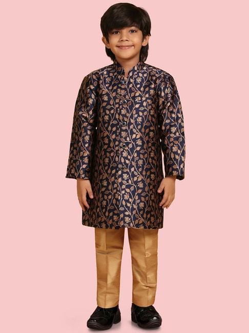 aj dezines kids blue & golden floral print full sleeves sherwani set