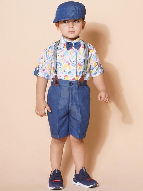 aj dezines kids white & blue printed shirt, shorts, suspender with cap
