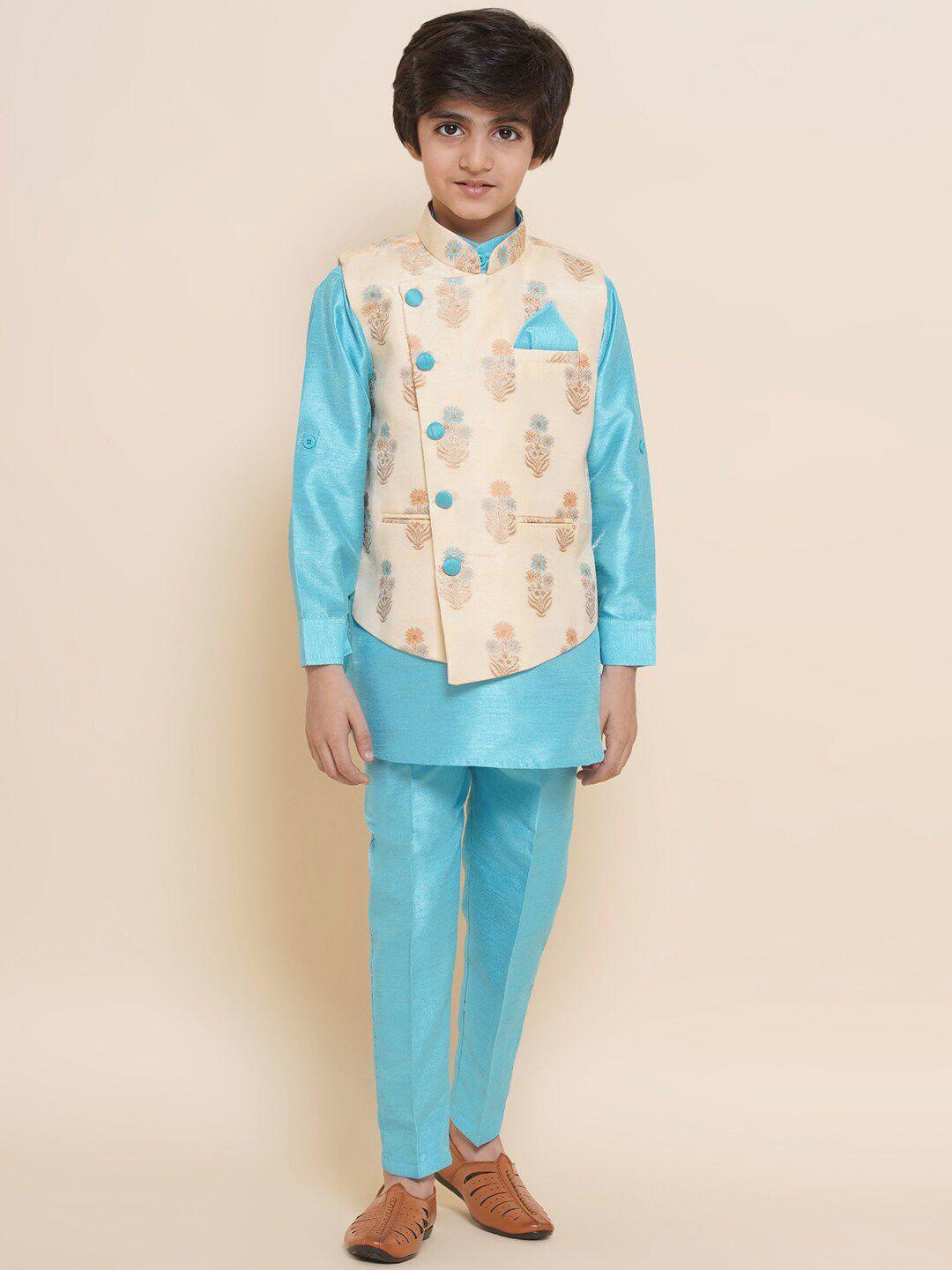 aj dezines boys band collar regular raw silk kurta with pyjamas