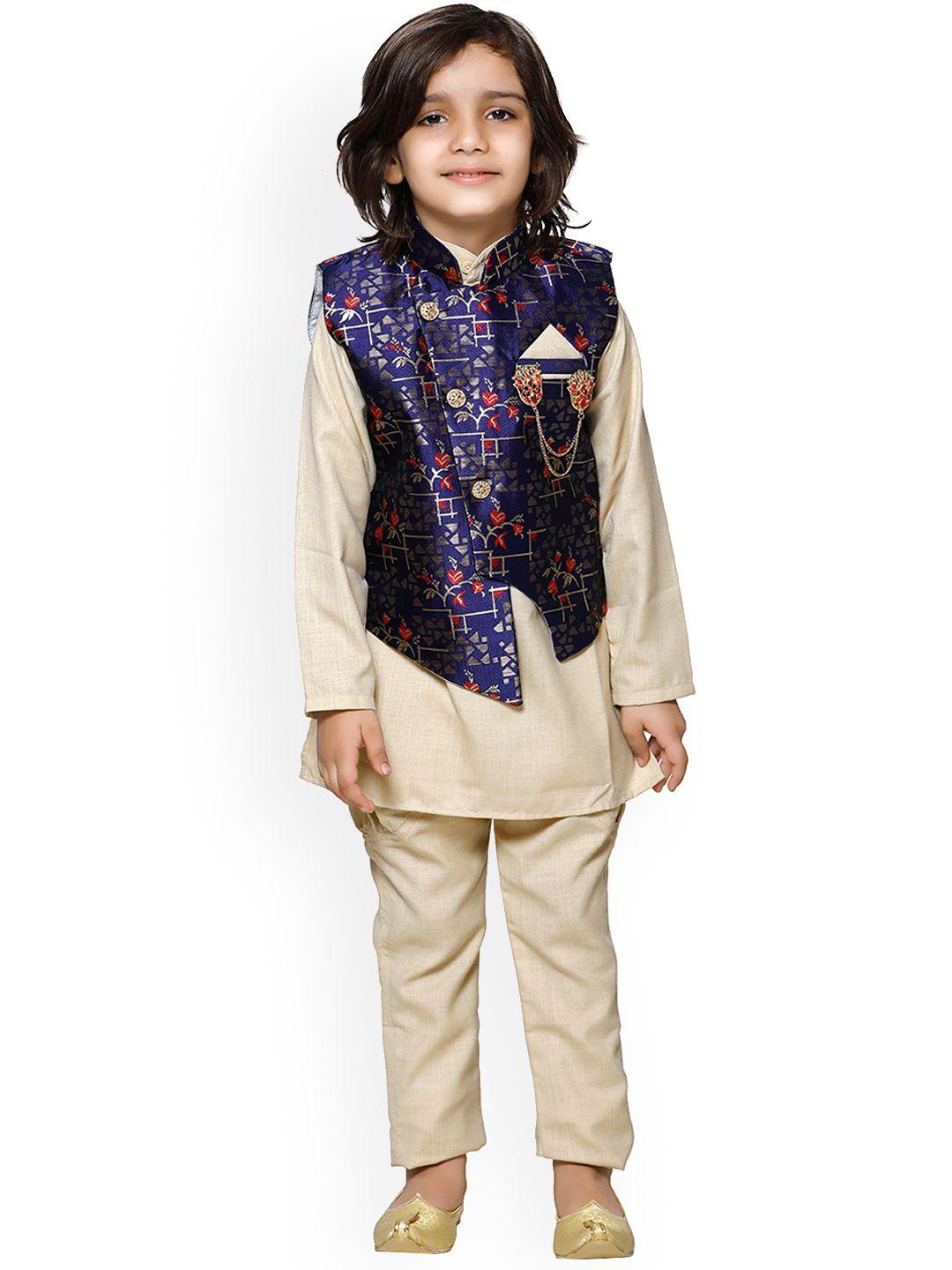 aj dezines boys beige & navy blue printed kurta with pyjamas & nehru jacket