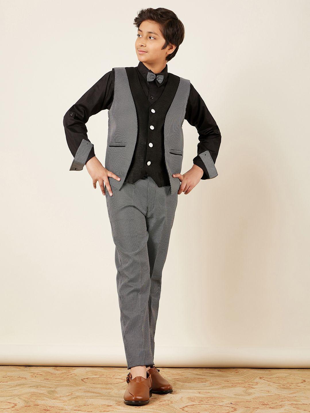 aj dezines boys black & grey solid shirt with trousers & waistcoat