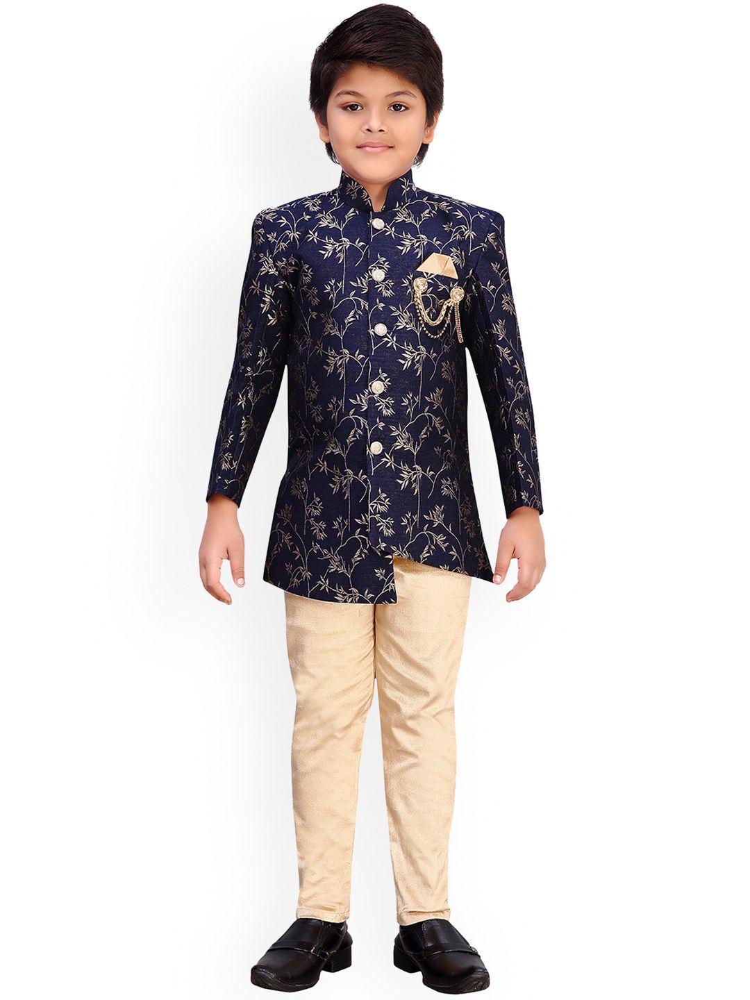 aj dezines boys blue & gold-toned printed sherwani set