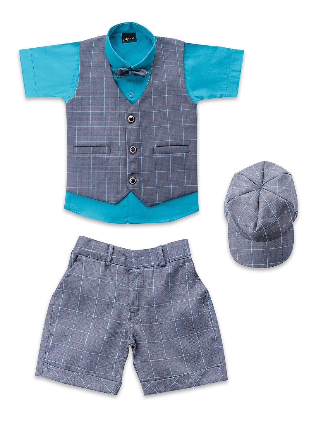 aj dezines boys blue & grey shirt with shorts & waistcoat