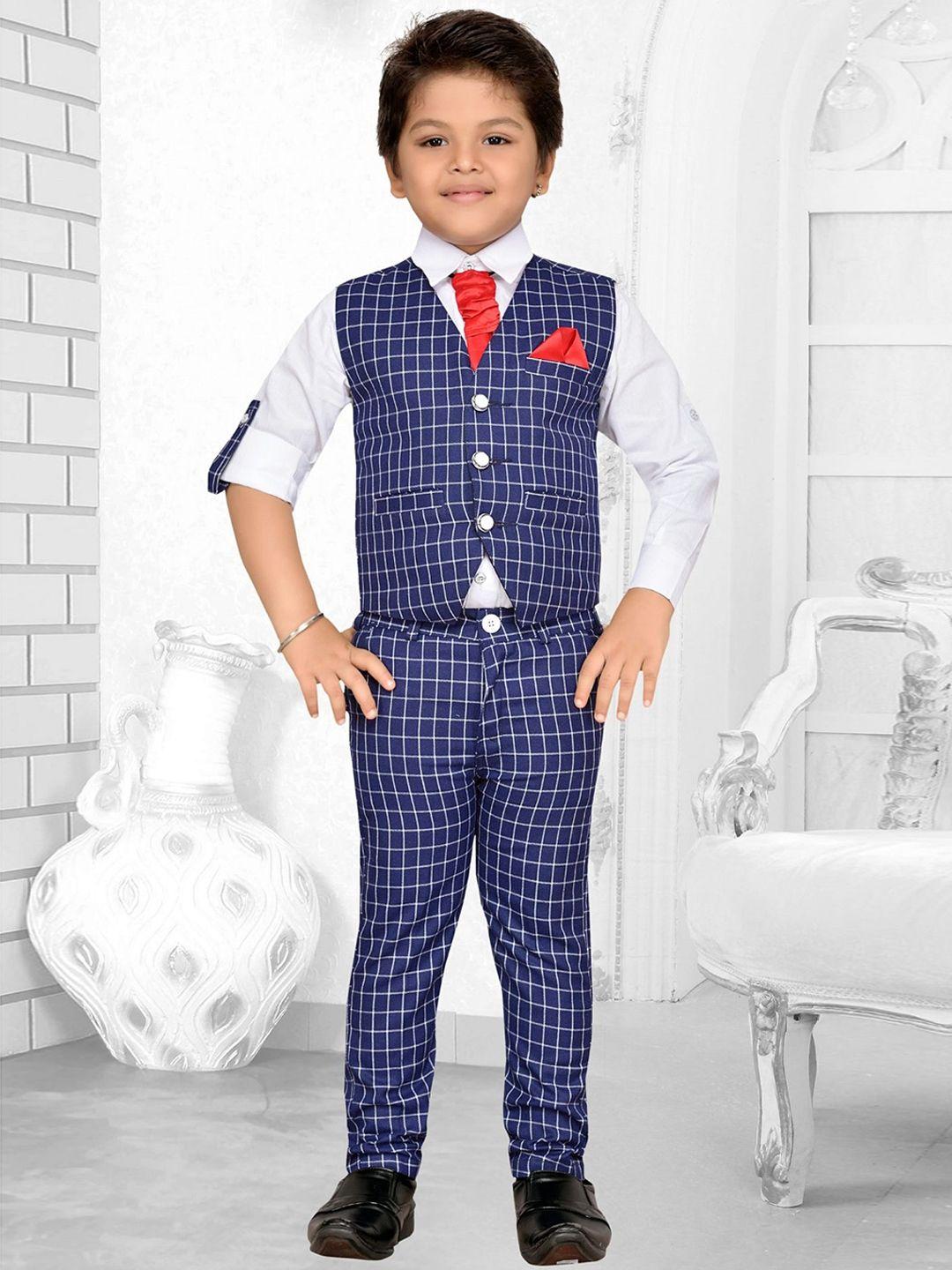 aj dezines boys blue & white shirt with checked trousers and and waistcoat