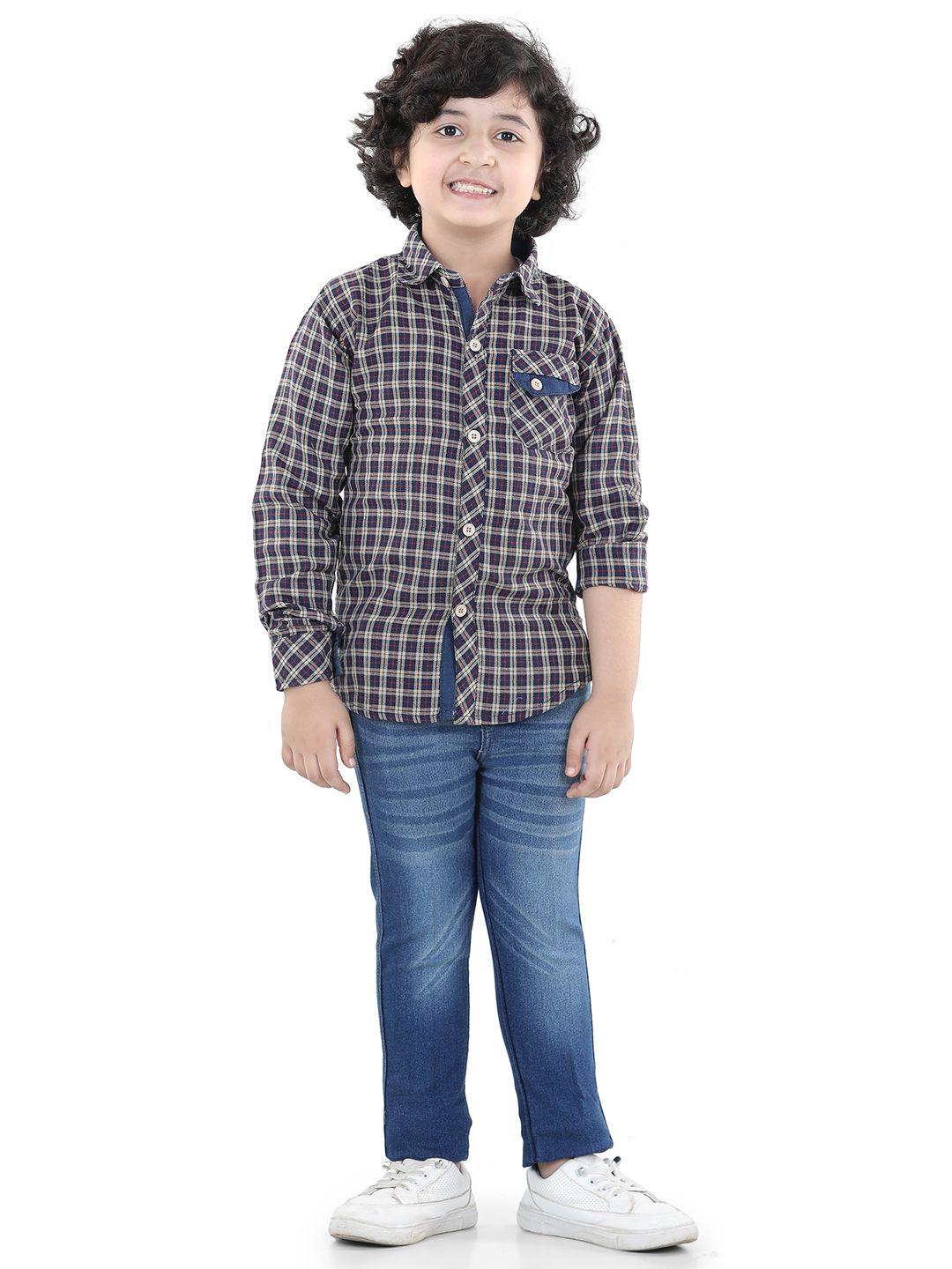 aj dezines boys brown & grey checked shirt with jeans