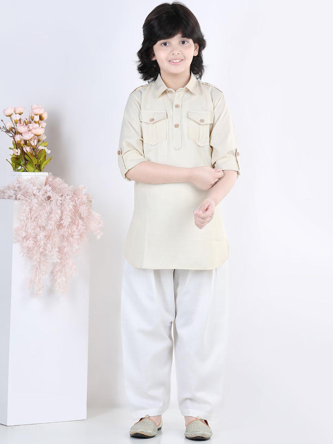 aj dezines boys cream-coloured pure cotton pathani kurta with salwar