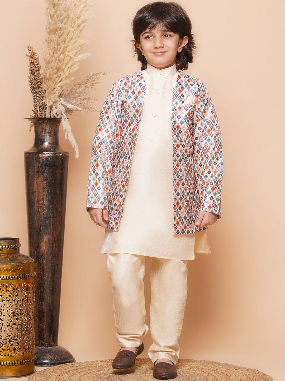 aj dezines boys ethnic motifs printed raw silk kurta with trousers