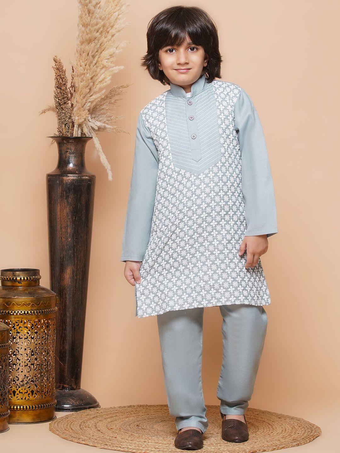 aj dezines boys floral embroidered thread work pure cotton kurta with pyjamas