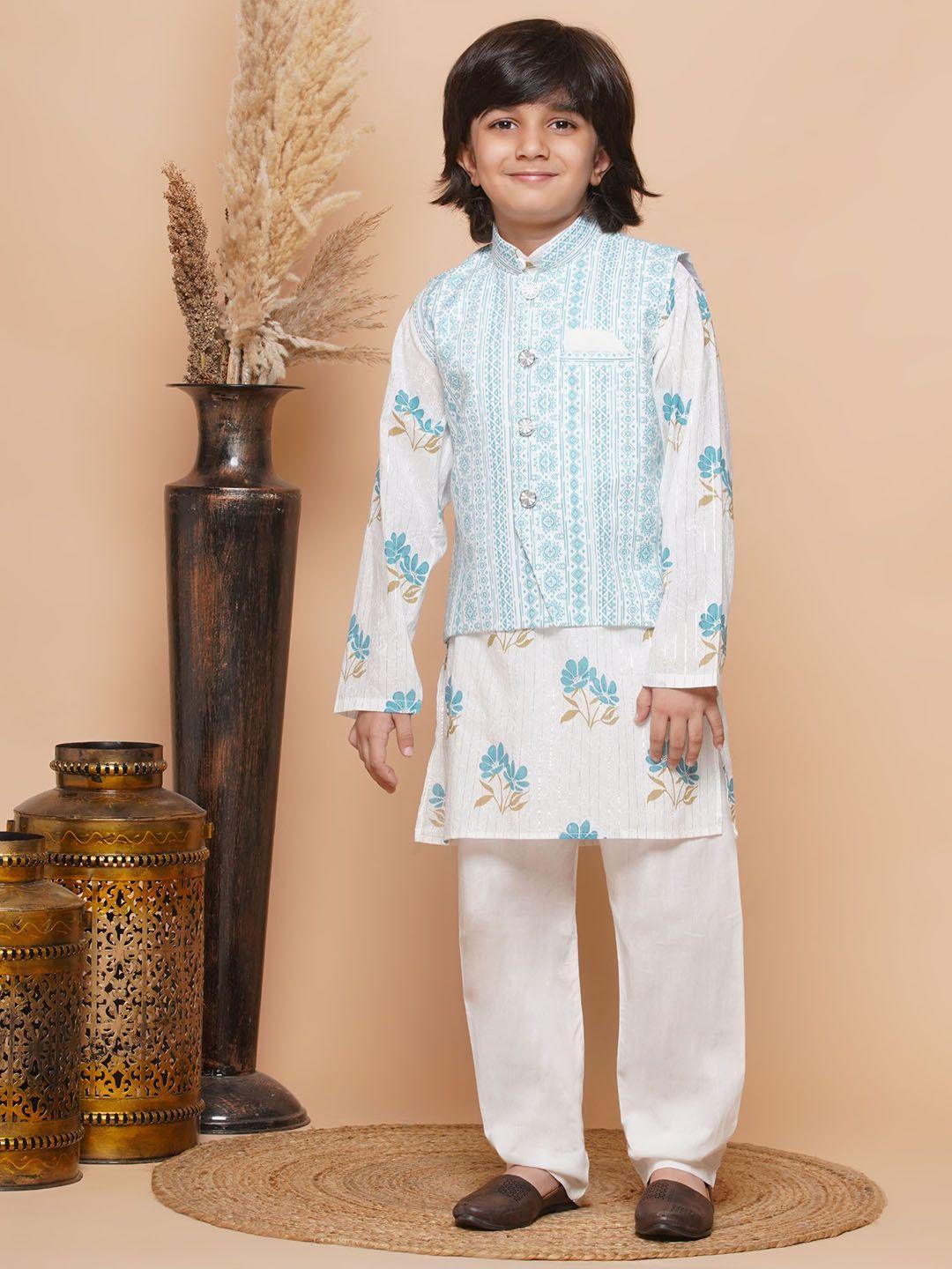 aj dezines boys floral printed regular pure cotton kurta with pyjamas & jacket