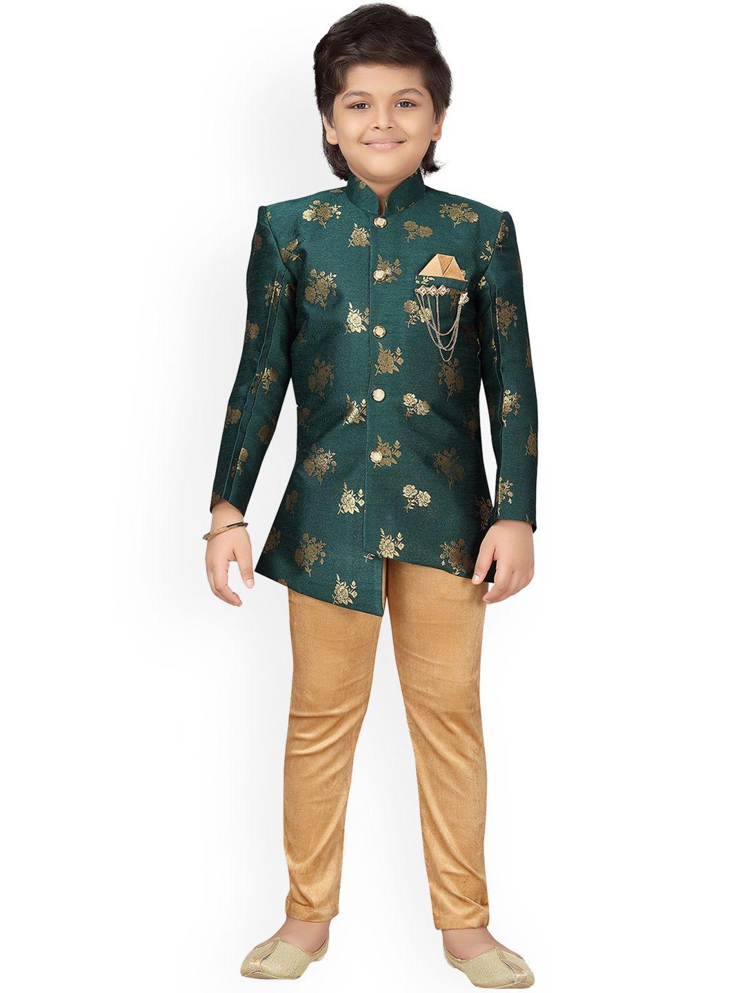 aj dezines boys green & beige jacquard blend floral print indo western sherwani set