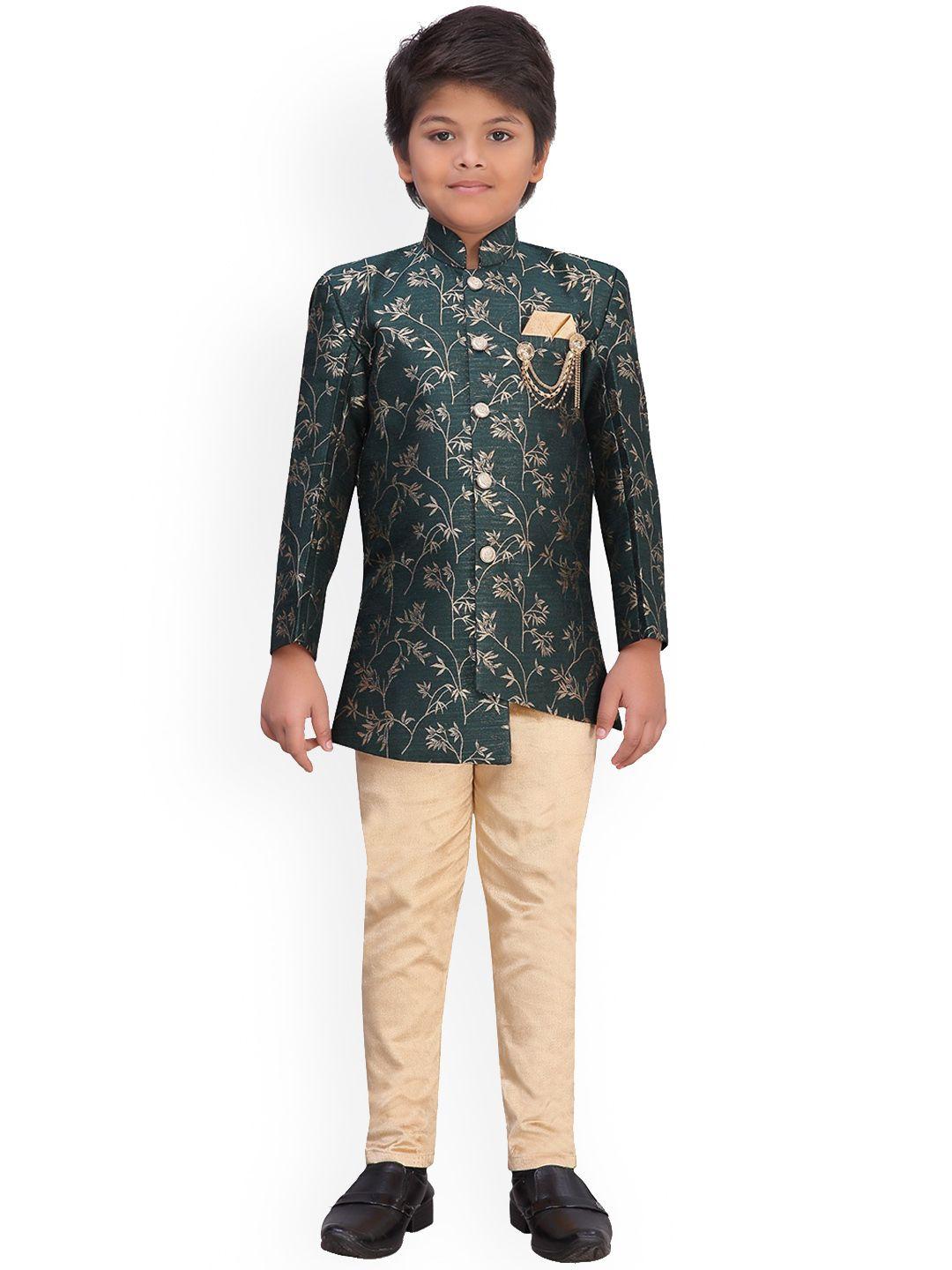 aj dezines boys green & beige printed jacquard silk sherwani set