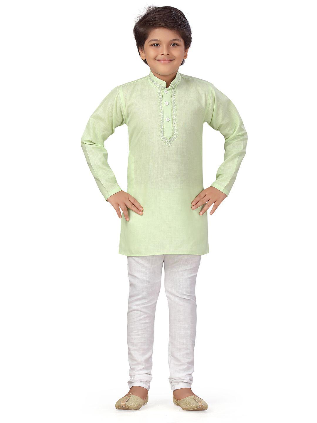 aj dezines boys green embroidered pure cotton kurta with pyjamas