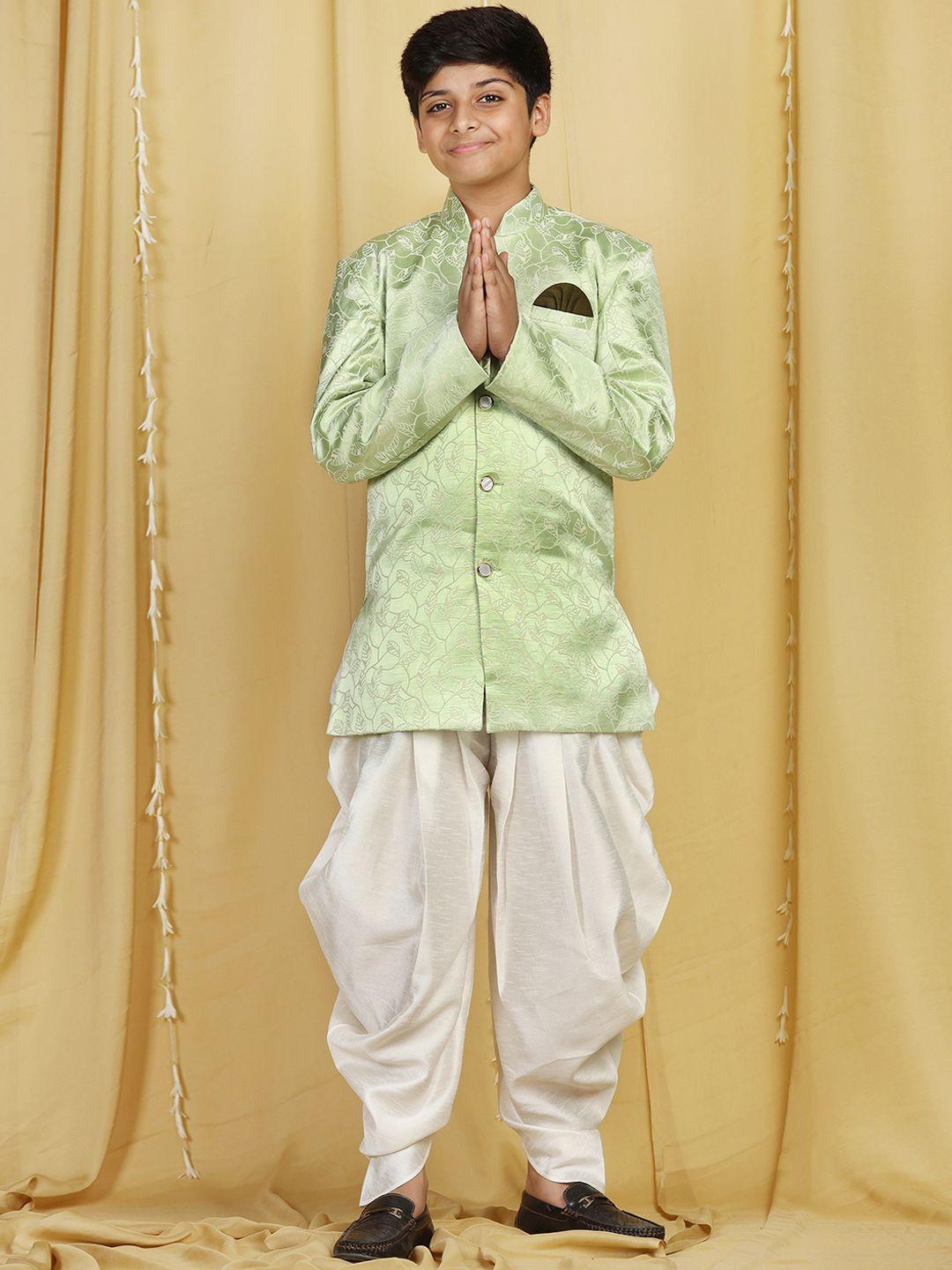 aj dezines boys green woven-design sherwani with dhoti pants