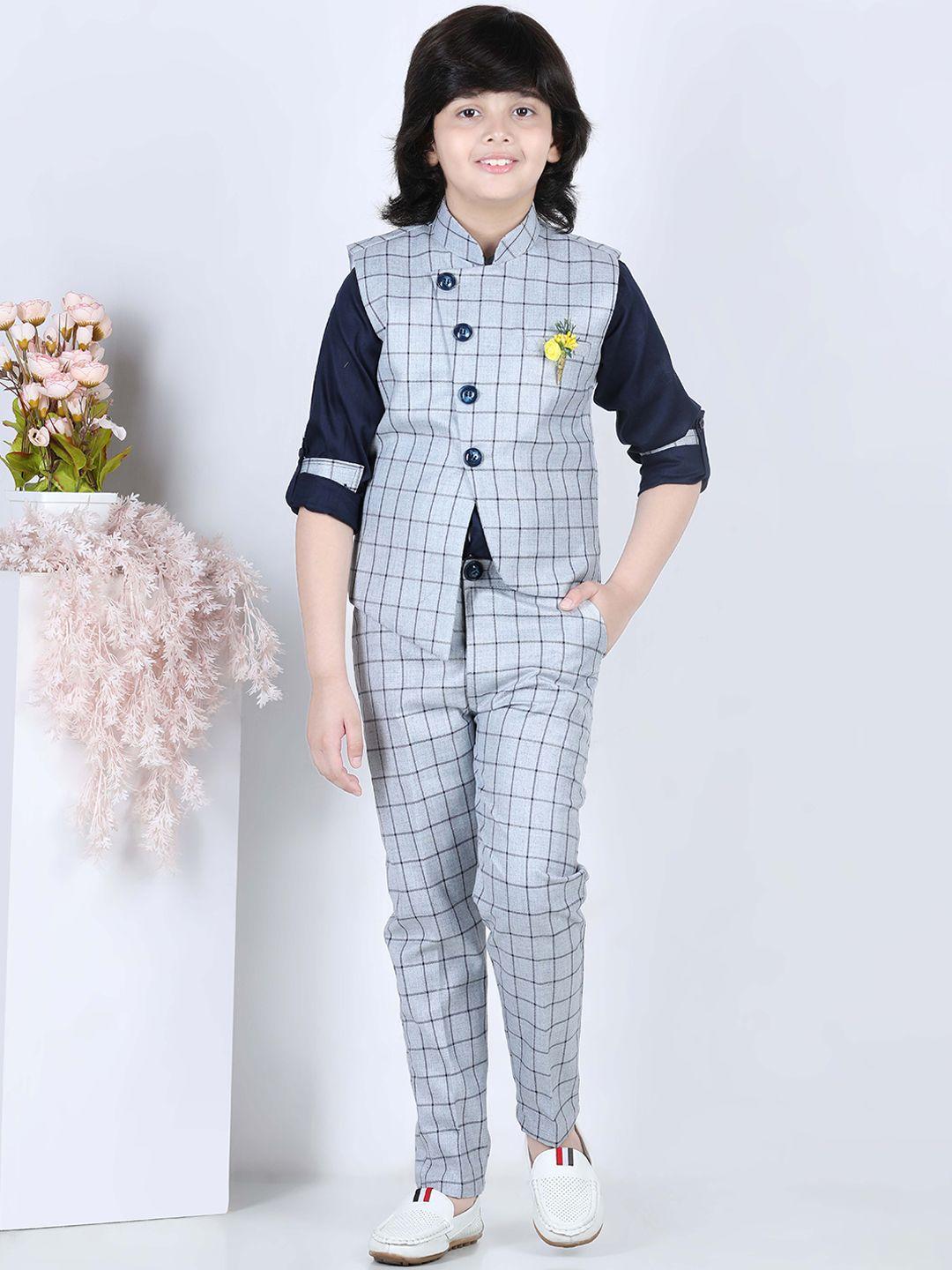 aj dezines boys grey & navy blue checked shirt with trousers & jacket