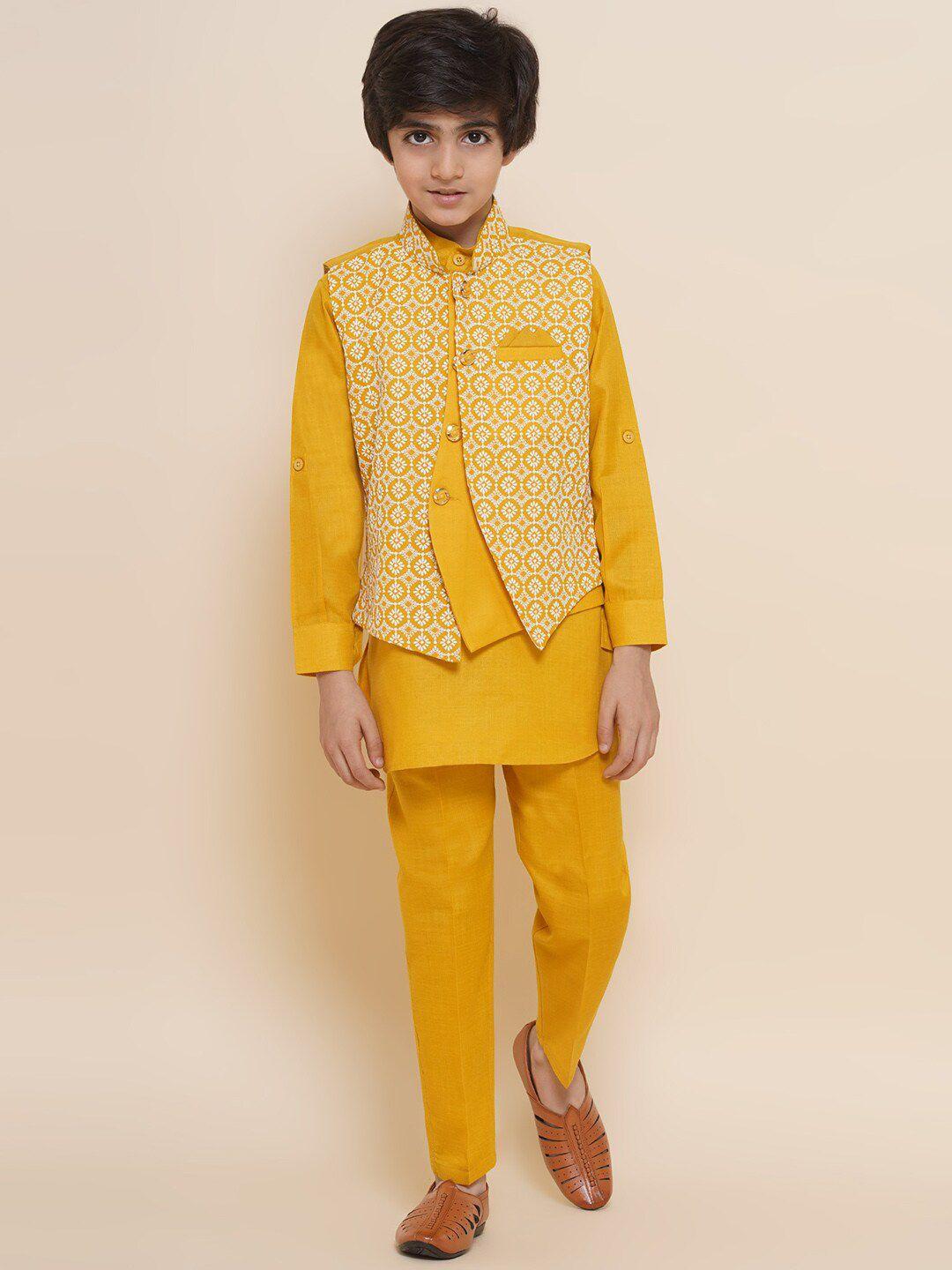 aj dezines boys mandarin collar pure cotton kurta with trousers & nehru jacket
